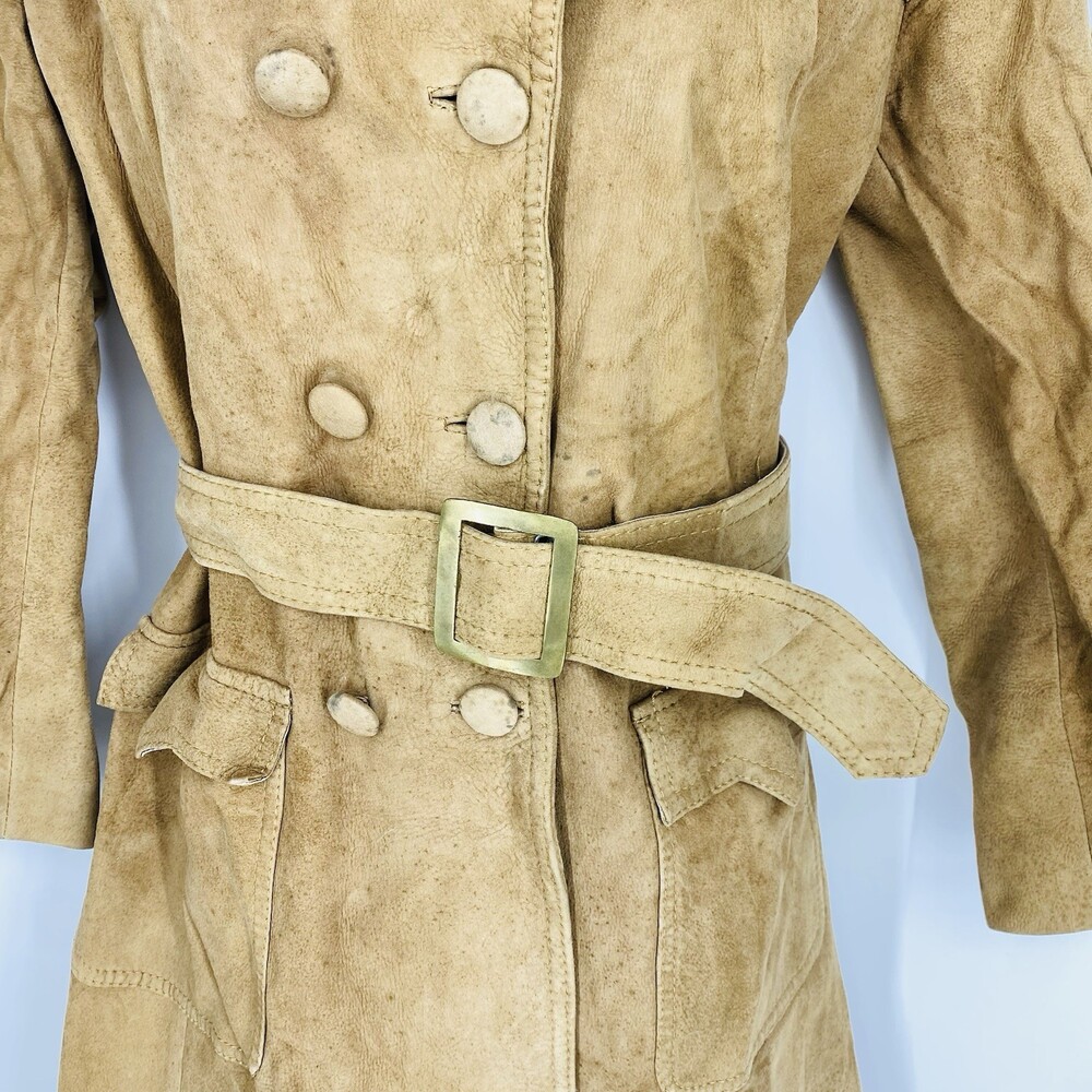 Vintage Nubuck Suede Bosfor Tan Leather Trench Coat Fall Fashion Size 48 Small - Picture 3 of 10